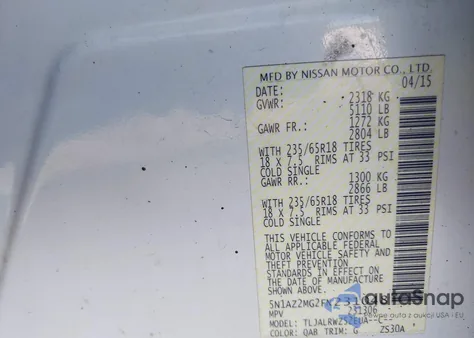 2015 Nissan Murano Sl z USA, uszkodzony, nr VIN 5N1AZ2MG2FN231048